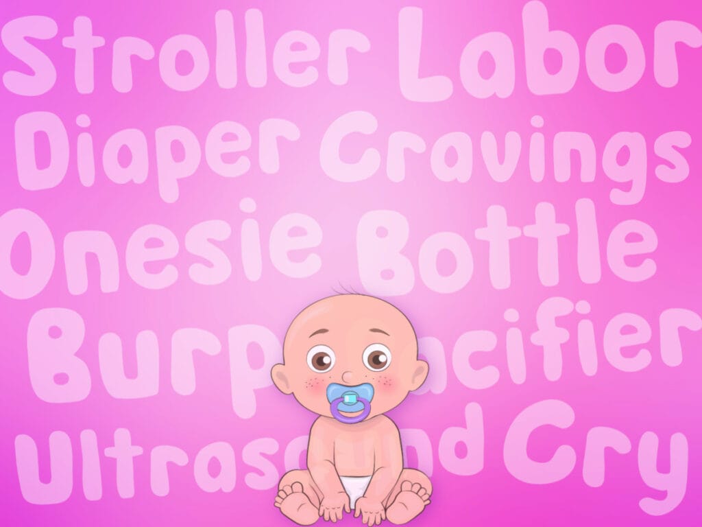Feature image for article with baby shower word lists for Charades and Pictionary