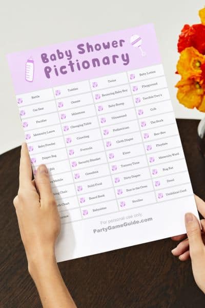 Preview image for printable file with Baby Shower Pictionary word list