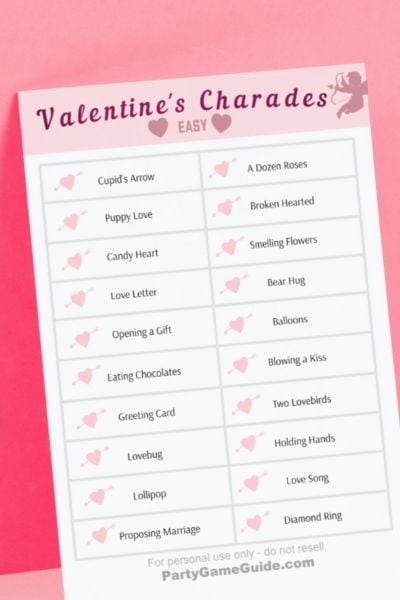 Preview image for PDF file containing Valentine's Charades word list