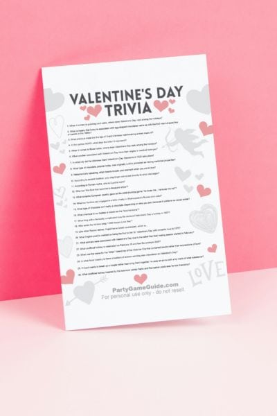 Preview image for PDF file containing Valentine's Day trivia questions on one sheet