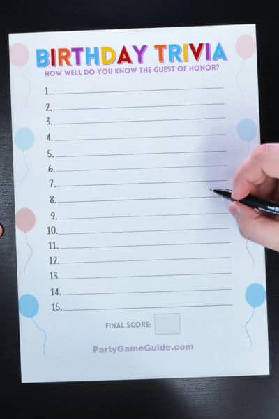 Preview image for PDF containing an answer sheet for birthday trivia