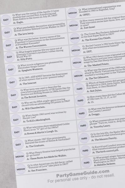 Preview image showing 1960s trivia printable on separate slips